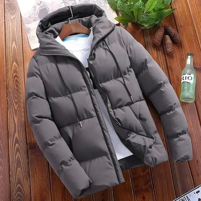 Winter Men's Cotton Coat, Loose-Fit Cropped Hooded Puffer Jacket, Trendy Casual Parka for Outdoor Wear