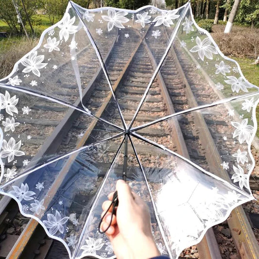 1 trendy edge retro transparent umbrella - three-fold transparent folding umbrella -PVC material, suitable for travel photograph
