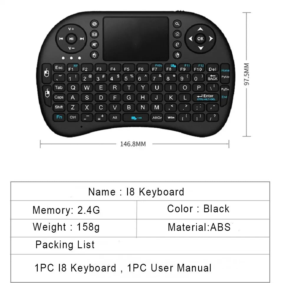 I8 Mini Wireless Keyboard & Air Mouse – 2.4G Remote Touchpad for Android TV Box, PC, and Smart TV