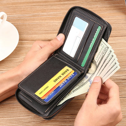 2024 new men's wallet short horizontal style fashion stitching three fold zipper pocket pocket multi-functional retro casua