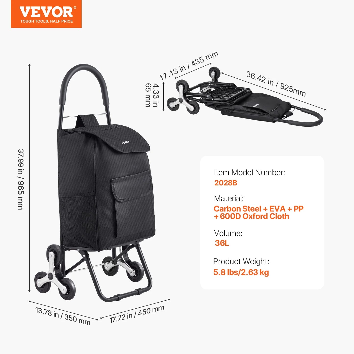 SucceBuy 36L 110Lbs Grocery Cart Folding Shopping Cart Hand-pulled Trolley Household Portable Storage Stair Climbing Handcart