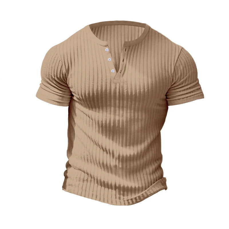 Mens Stylish Stripe Knit T-shirt -Fashionable Henley Neck, Short Sleeves, Soft & Breathable - Perfect Comfy Tops for Leisurewear