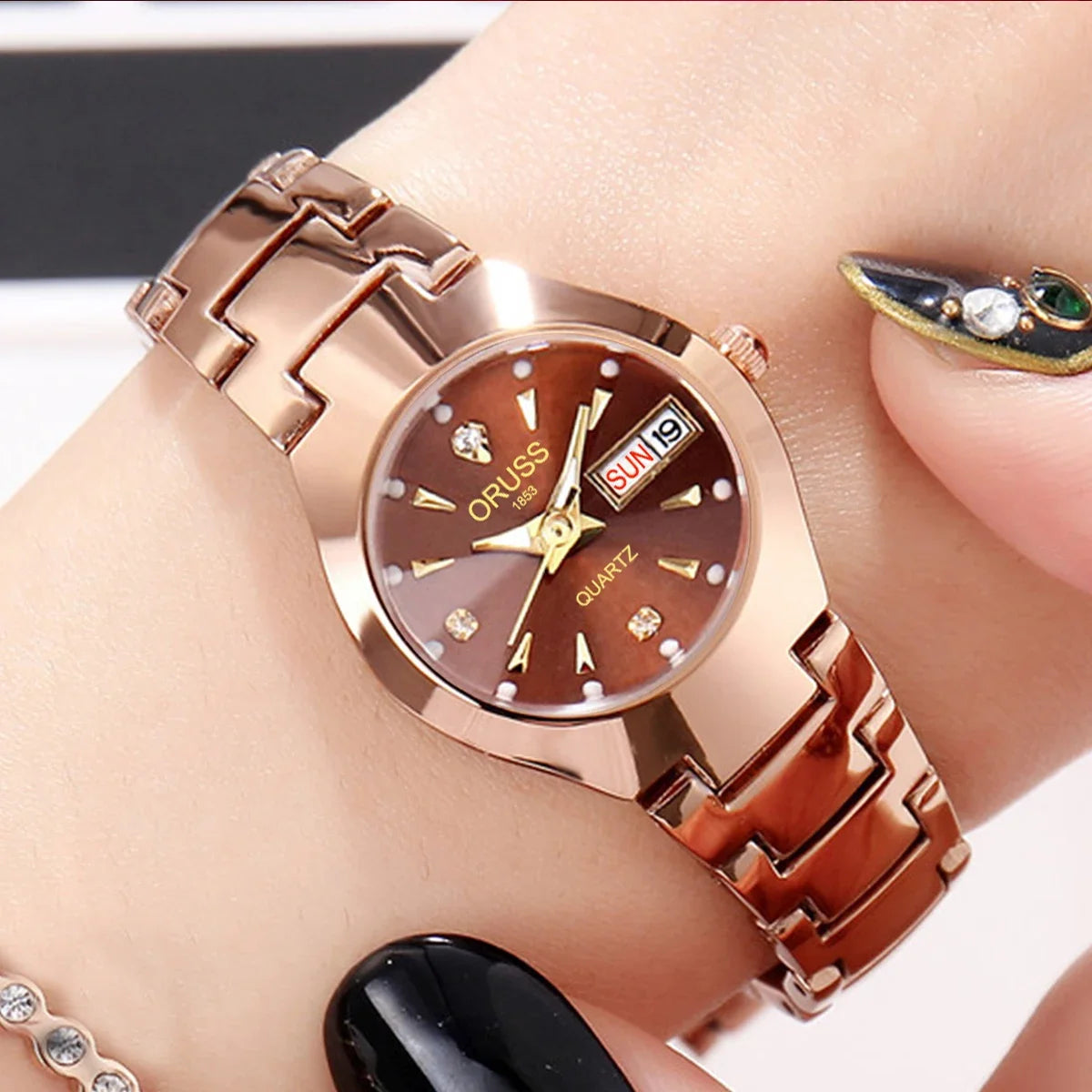 ORUSS Business Casual Womens Quartz Watches Luxury Fashion Wristwatch Stainless Steel Date Week 30M Waterproof Womens Wristwatch
