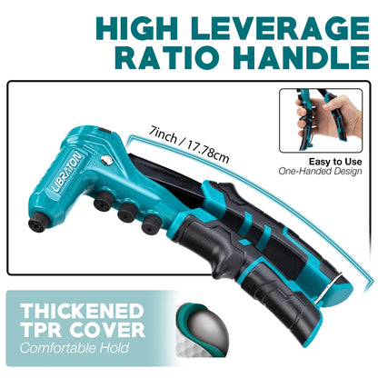 One-Handed Rivet Gun Professional Hand Riveter Pop Rivet Gun Set 4 in 1 Riveting Tool with 200 Rivet - 3/32" 1/8" 5/32" 3/16"