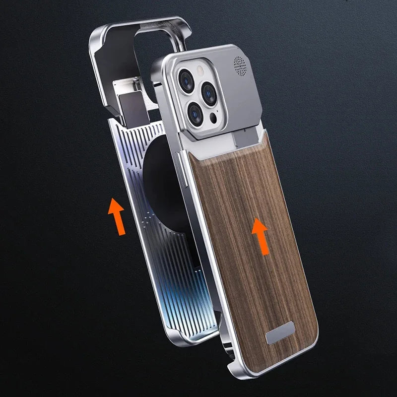 Frameless Walnut Metal Magnetic Phone Case for iPhone 14/15 Pro Max - Real Wood Aromatherapy & Shockproof Aluminum Alloy Shell