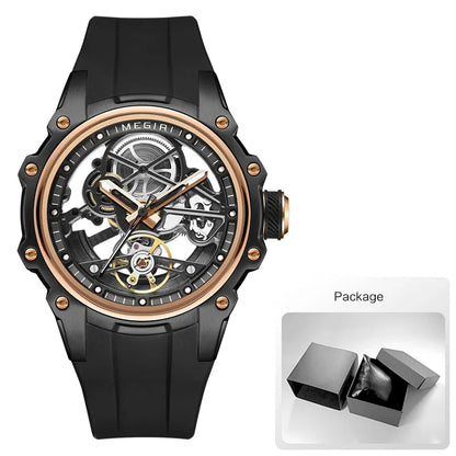 MEGIR Men's Skeleton Automatic Mechanical Watch – Luminous Waterproof Sport Wristwatch with Stainless Steel Case & Silicone Strap