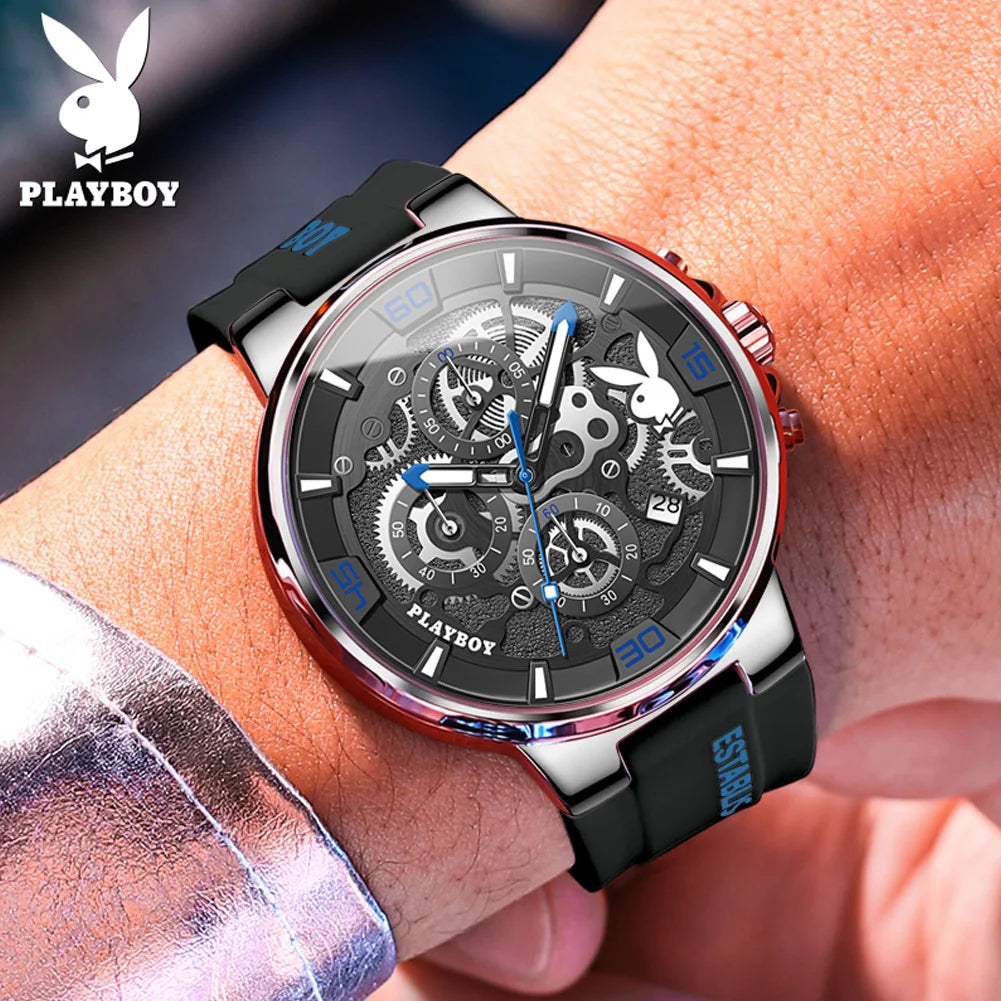 PLAYBOY Fashion Men Watches Top Brand Luxury Silicone Sport Watch Men Quartz Date Waterproof Wristwatch Chronograph Clock Man