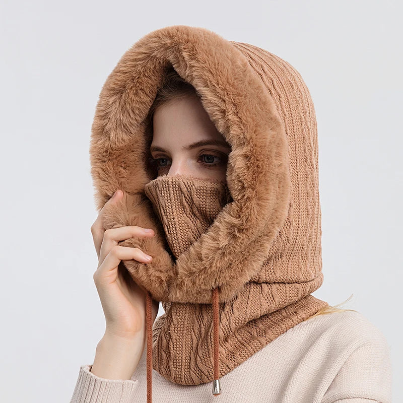 Winter Fur Cap Mask Set Hooded for Women Knitted Cashmere Neck Warm Balaclava Ski Windproof Hat Thick Plush Fluffy Beanies hood