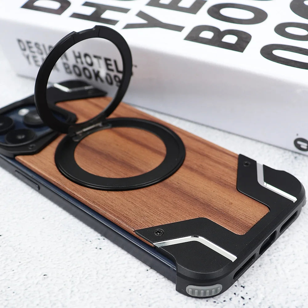 Walnut Wood & Metal Case for iPhone 14/15 Pro Max - 360° Rotating Ring Stand & Magnetic MagSafe Holder