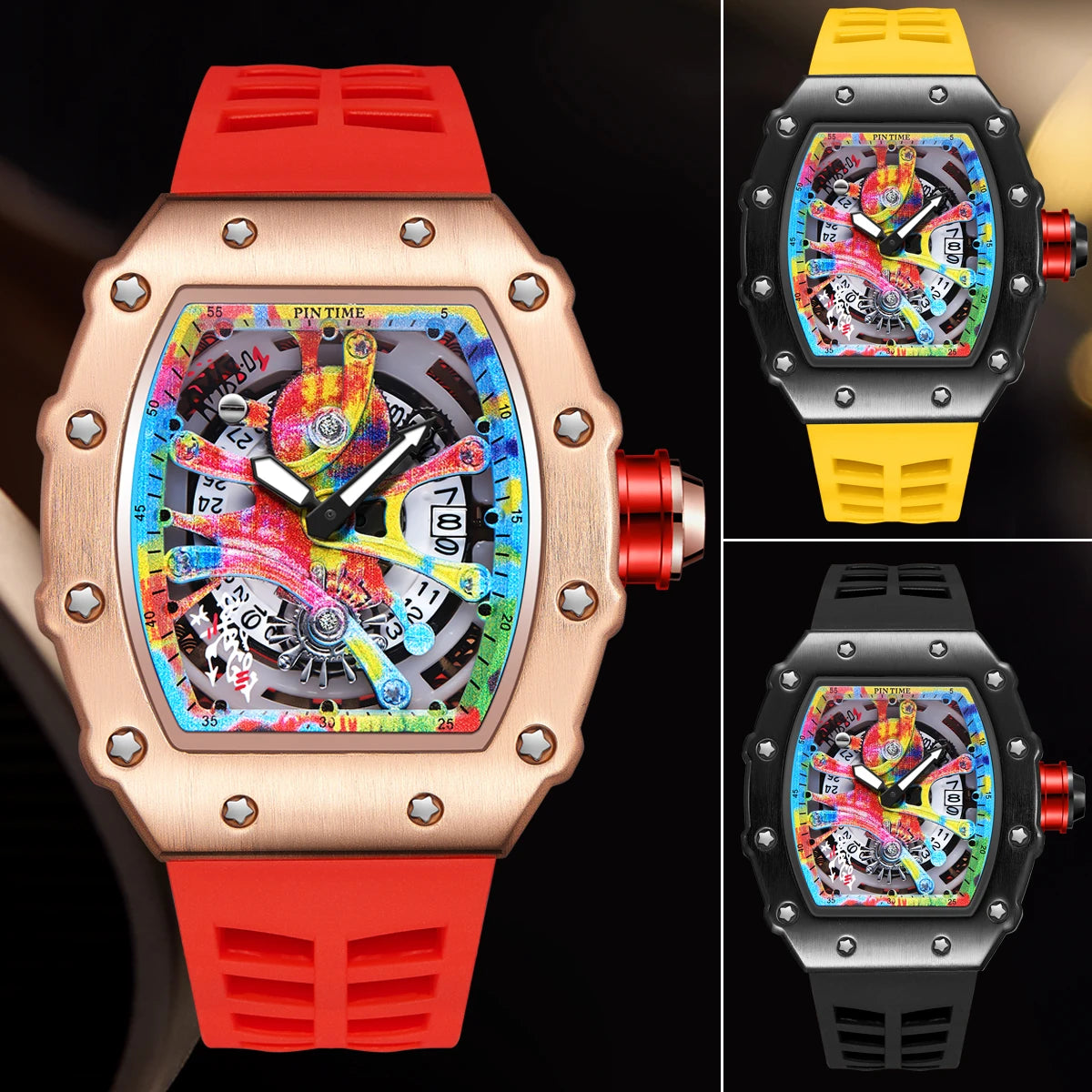 Luxury Tonneau Men’s Watch – Fashion Quartz Wristwatch with Graffiti Dial, Auto Date & Waterproof Sport Design