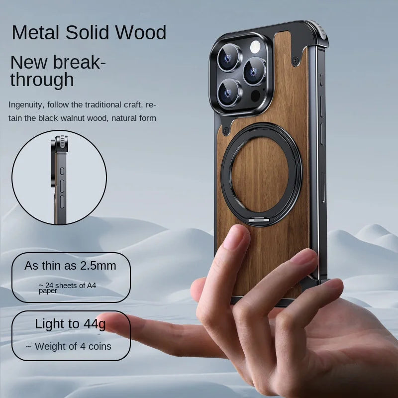 Walnut Wood & Metal Case for iPhone 14/15 Pro Max - 360° Rotating Ring Stand & Magnetic MagSafe Holder