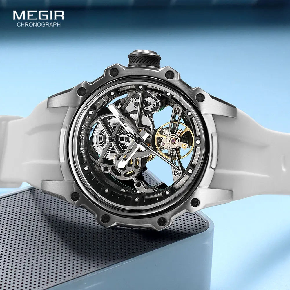 MEGIR Men's Skeleton Automatic Mechanical Watch – Luminous Waterproof Sport Wristwatch with Stainless Steel Case & Silicone Strap