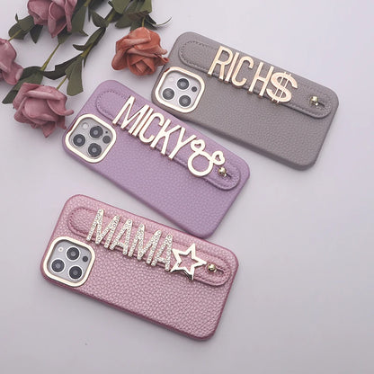 Personalized leather Phone Case customized name letters wristband for iPhone15 14 13 12 11ProMax 14 15Plus Cover