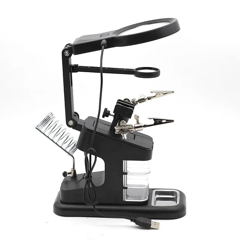3-in-1 Welding Magnifying Glass with LED Light – Auxiliary Clip Loupe, Soldering Iron Stand & Holder Station