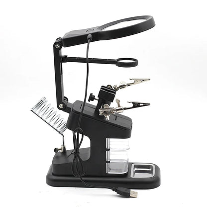 3-in-1 Welding Magnifying Glass with LED Light – Auxiliary Clip Loupe, Soldering Iron Stand & Holder Station