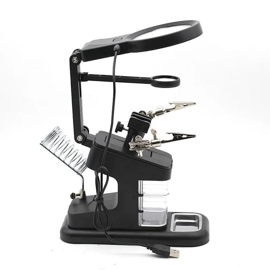 3-in-1 Welding Magnifying Glass with LED Light – Auxiliary Clip Loupe, Soldering Iron Stand & Holder Station