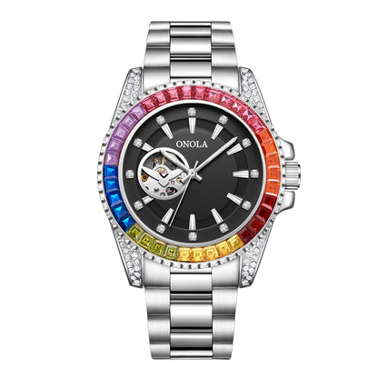 Fashion Colored Diamond Hollowed Out Watch for Men ONOLA Fully Automatic Mechanical Precision Strap for Men's Watch Clock