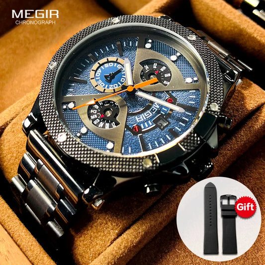 Men’s Fashion Analog Quartz Watch – Black Stainless Steel Chronograph with Date Display, Luminous Hands & Free Spare Band