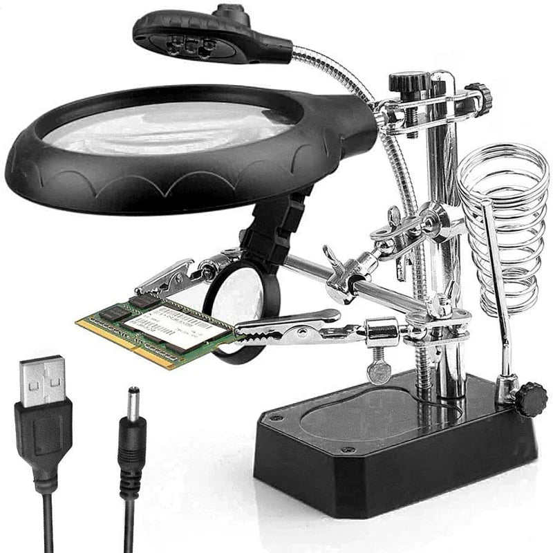 3-in-1 Welding Magnifying Glass with LED Light – Auxiliary Clip Loupe, Soldering Iron Stand & Holder Station