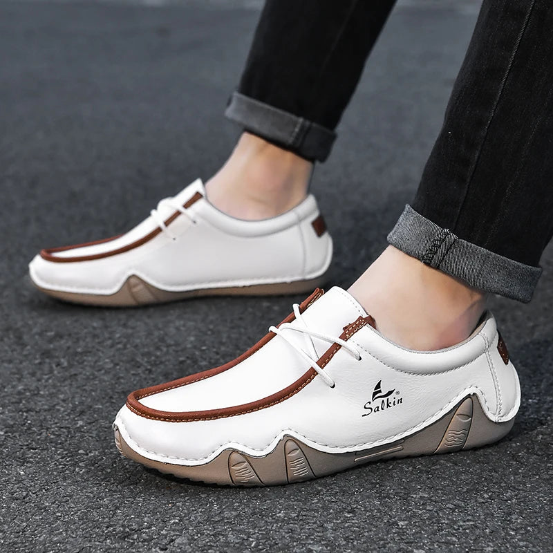 New 2024 Autumn Handmade Leather Casual Men Shoes Design Fashion Sneakers Man Loafers Breathable Low Top Flat Shoes Driving