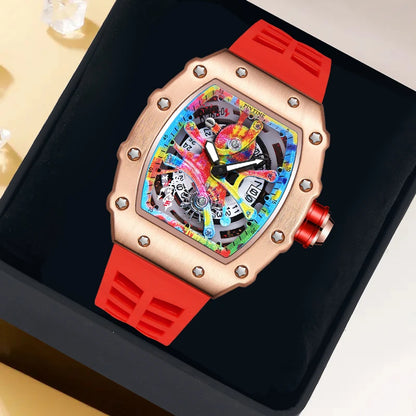 Luxury Tonneau Men’s Watch – Fashion Quartz Wristwatch with Graffiti Dial, Auto Date & Waterproof Sport Design
