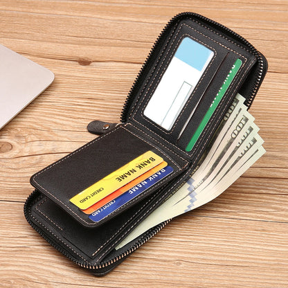 2024 new men's wallet short horizontal style fashion stitching three fold zipper pocket pocket multi-functional retro casua