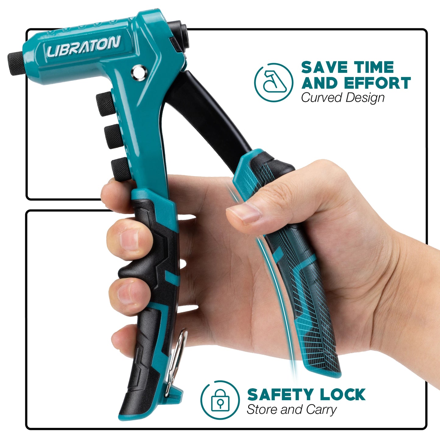One-Handed Rivet Gun Professional Hand Riveter Pop Rivet Gun Set 4 in 1 Riveting Tool with 200 Rivet - 3/32" 1/8" 5/32" 3/16"