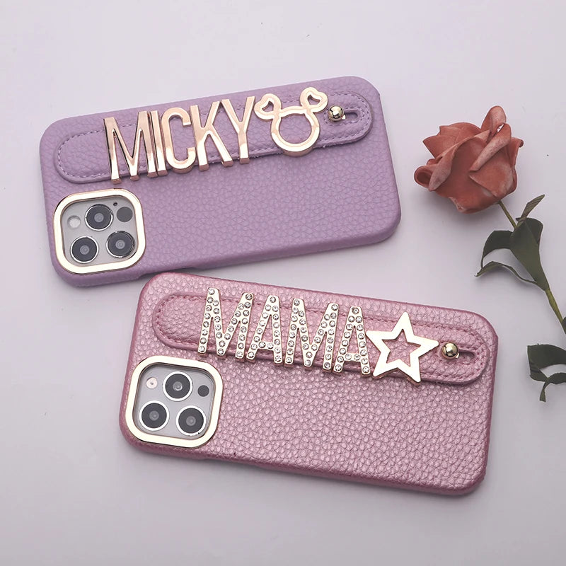 Personalized leather Phone Case customized name letters wristband for iPhone15 14 13 12 11ProMax 14 15Plus Cover