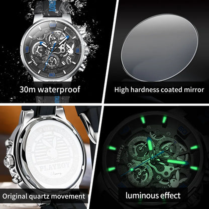 PLAYBOY Fashion Men Watches Top Brand Luxury Silicone Sport Watch Men Quartz Date Waterproof Wristwatch Chronograph Clock Man