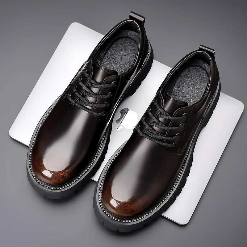 British Style Thick-Soled Leather Casual Shoes, Lace-Up Fashionable Men's Business & Dress Shoes