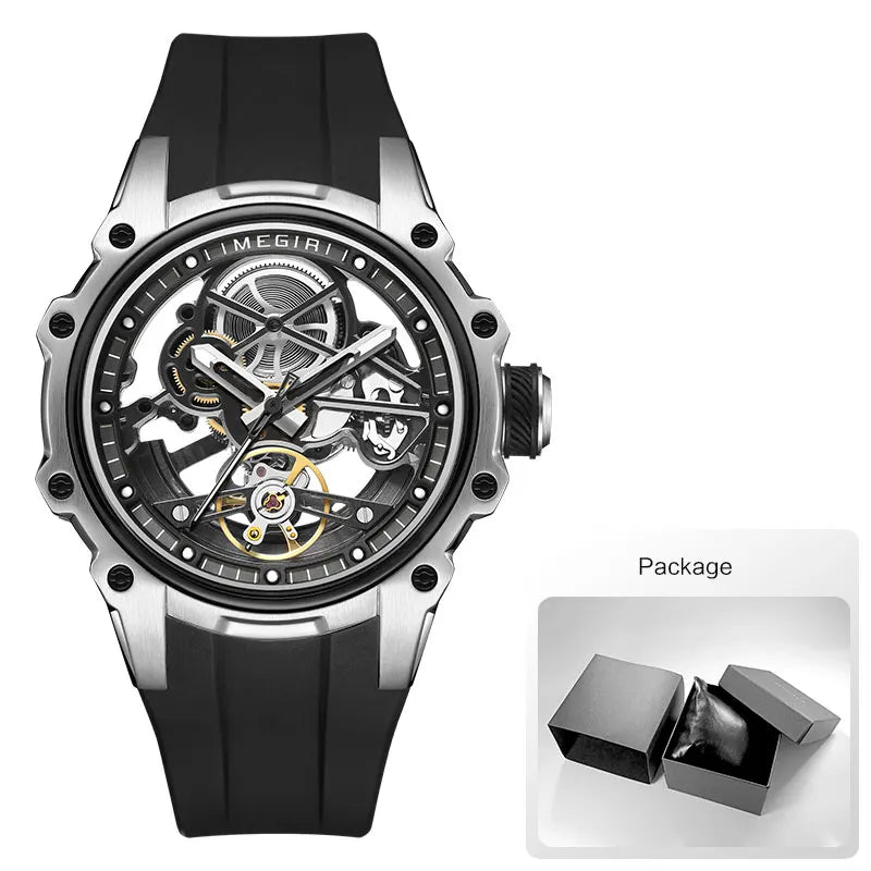 MEGIR Men's Skeleton Automatic Mechanical Watch – Luminous Waterproof Sport Wristwatch with Stainless Steel Case & Silicone Strap