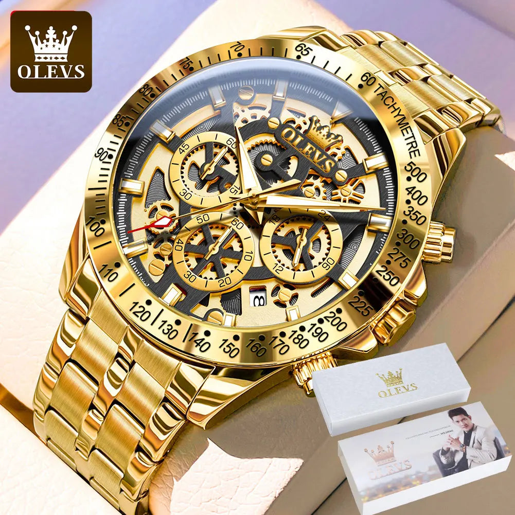 OLEVS Lxuxry Brand Gold Men's Watches Full Skeleton Stainless steel Chronograph Wristwatch Waterproof Luminous Quartz Watch Men