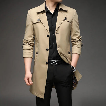 Men's Fashionable Long Trench Coat – Business Casual Windbreaker, Solid Color