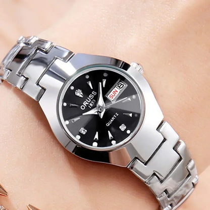 ORUSS Business Casual Womens Quartz Watches Luxury Fashion Wristwatch Stainless Steel Date Week 30M Waterproof Womens Wristwatch