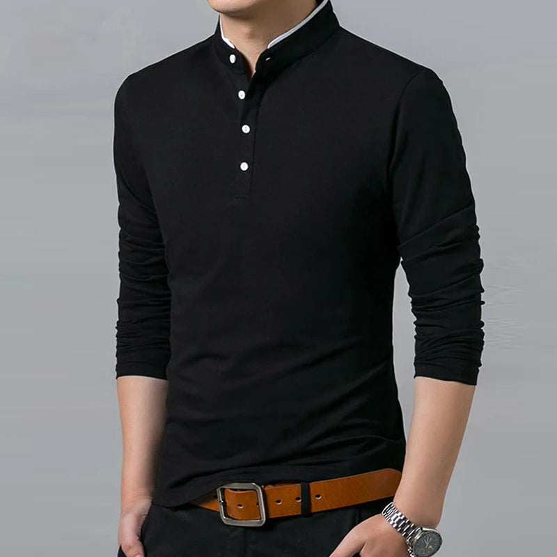 Men's Business Casual Polo Long Sleeve T-shirt Summer Comfortable and Breathable Solid Cotton Top