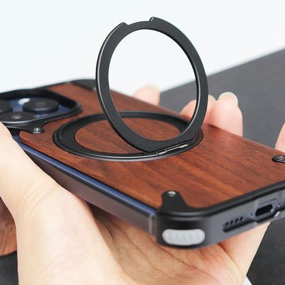 Walnut Wood & Metal Case for iPhone 14/15 Pro Max - 360° Rotating Ring Stand & Magnetic MagSafe Holder