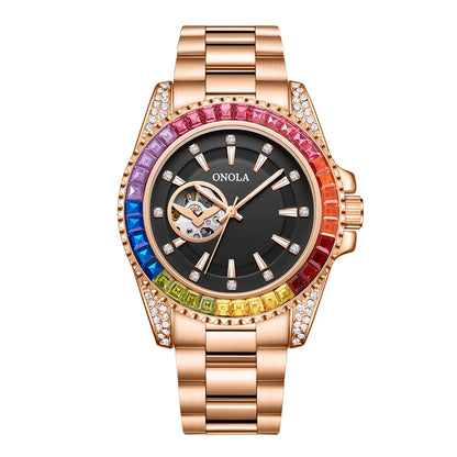 Fashion Colored Diamond Hollowed Out Watch for Men ONOLA Fully Automatic Mechanical Precision Strap for Men's Watch Clock