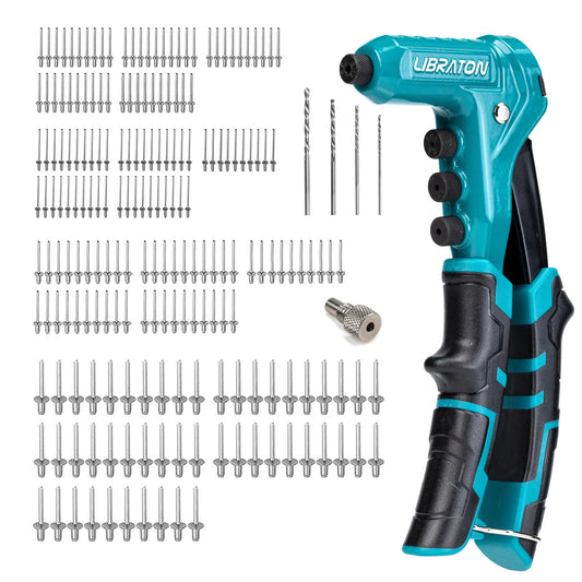 One-Handed Rivet Gun Professional Hand Riveter Pop Rivet Gun Set 4 in 1 Riveting Tool with 200 Rivet - 3/32" 1/8" 5/32" 3/16"