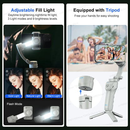 TOKQI M01 3-Axis Anti-Shake Handheld Gimbal Stabilizer: Foldable Selfie Tripod with Fill Light for iPhone & Smartphones