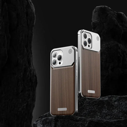 Frameless Walnut Metal Magnetic Phone Case for iPhone 14/15 Pro Max - Real Wood Aromatherapy & Shockproof Aluminum Alloy Shell