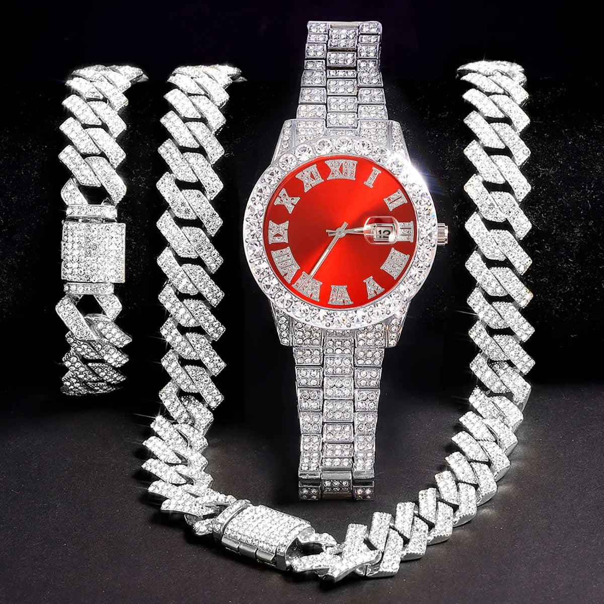 3pcs Men's Silver Watch Set Hip-hop Punk Inlay Diamond Watch+Cuban Chain+Bracelet Comes With Strap Adjuster Stylish Jewelry Gift