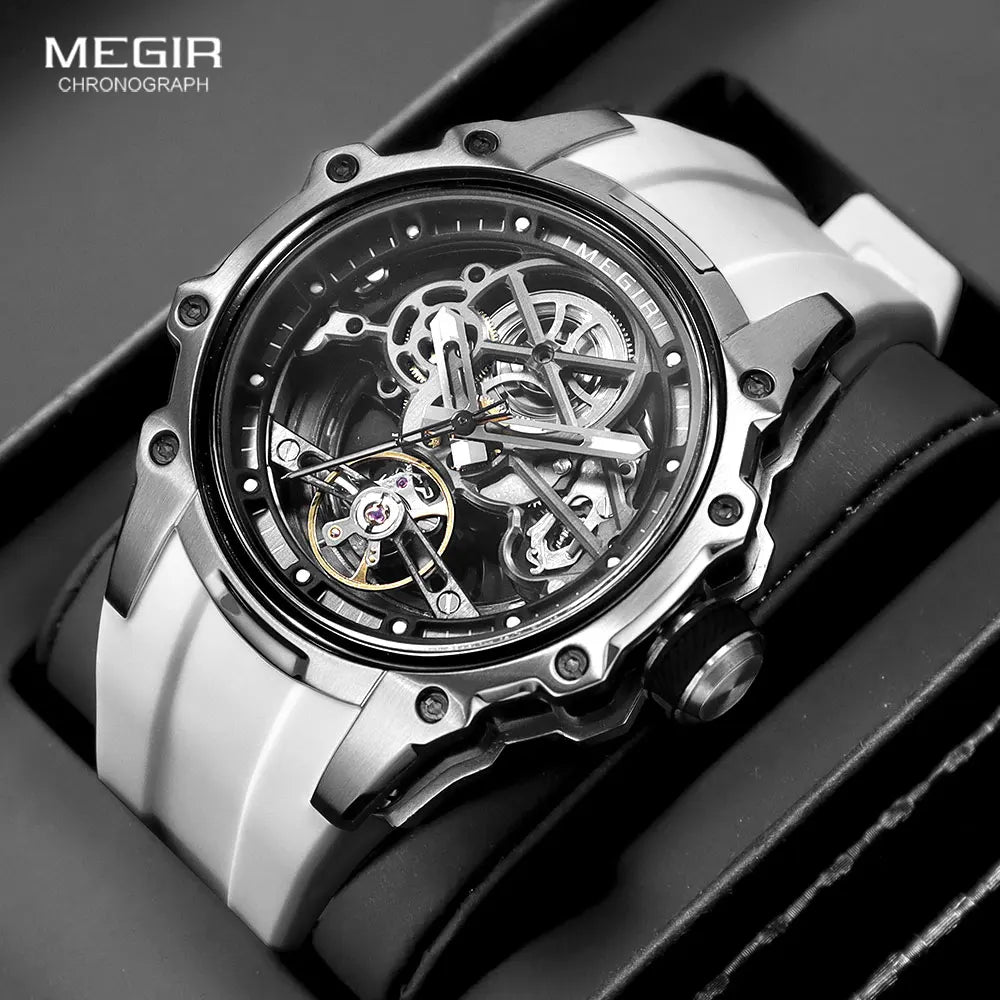 MEGIR Men's Skeleton Automatic Mechanical Watch – Luminous Waterproof Sport Wristwatch with Stainless Steel Case & Silicone Strap