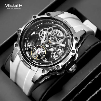 MEGIR Men's Skeleton Automatic Mechanical Watch – Luminous Waterproof Sport Wristwatch with Stainless Steel Case & Silicone Strap
