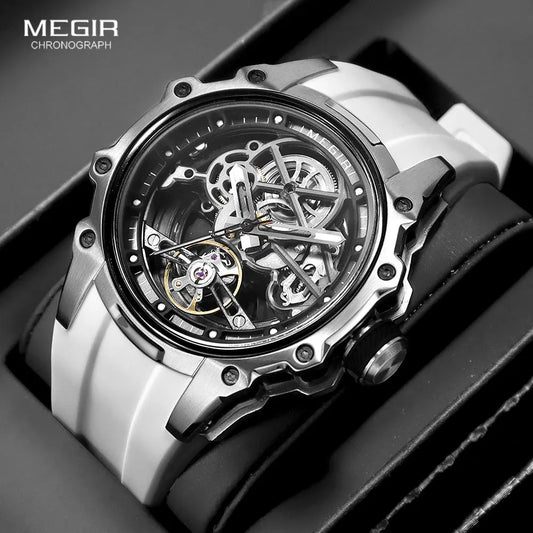 MEGIR Men's Skeleton Automatic Mechanical Watch – Luminous Waterproof Sport Wristwatch with Stainless Steel Case & Silicone Strap