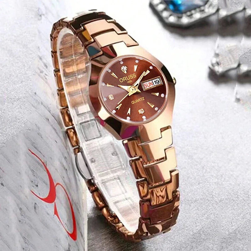 ORUSS Business Casual Womens Quartz Watches Luxury Fashion Wristwatch Stainless Steel Date Week 30M Waterproof Womens Wristwatch