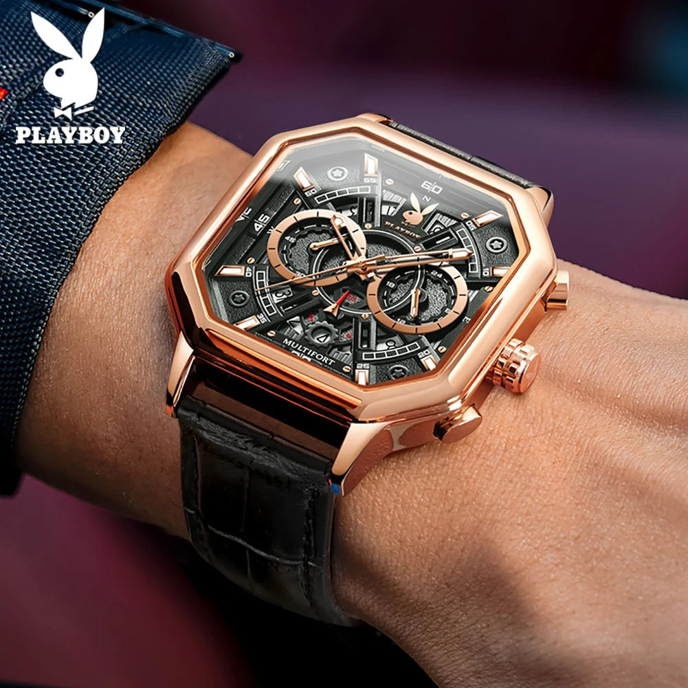 PLAYBOY Luxury Man Watch High Quality Classic Original Waterproof Quartz Watches for Men Leather Strap Business Wrist Watch Men