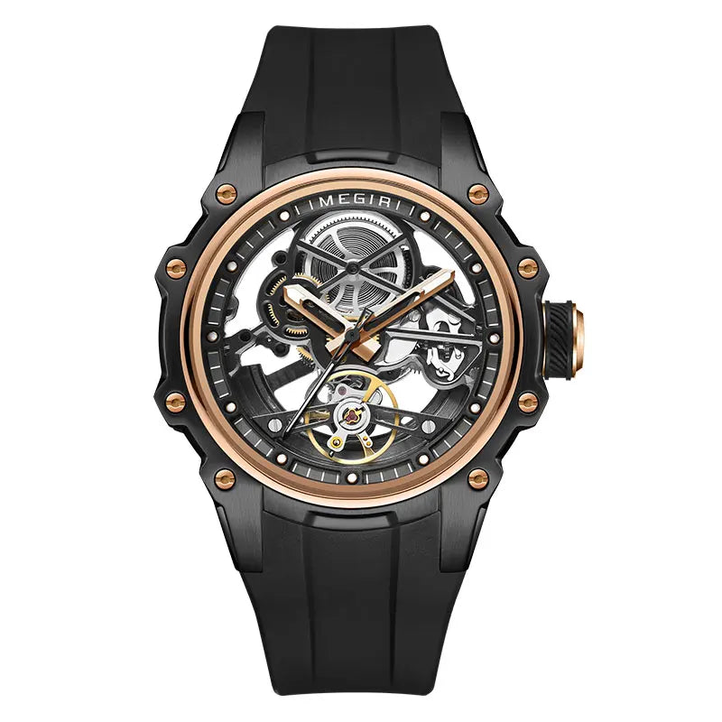 MEGIR Men's Skeleton Automatic Mechanical Watch – Luminous Waterproof Sport Wristwatch with Stainless Steel Case & Silicone Strap