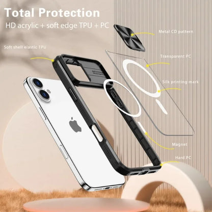 New Slide Camera Lens Protector Armor Case For iPhone 16 15 13 14 Plus 11 12 Pro Max  For Magsafe Shockproof Bumpers Clear Cover