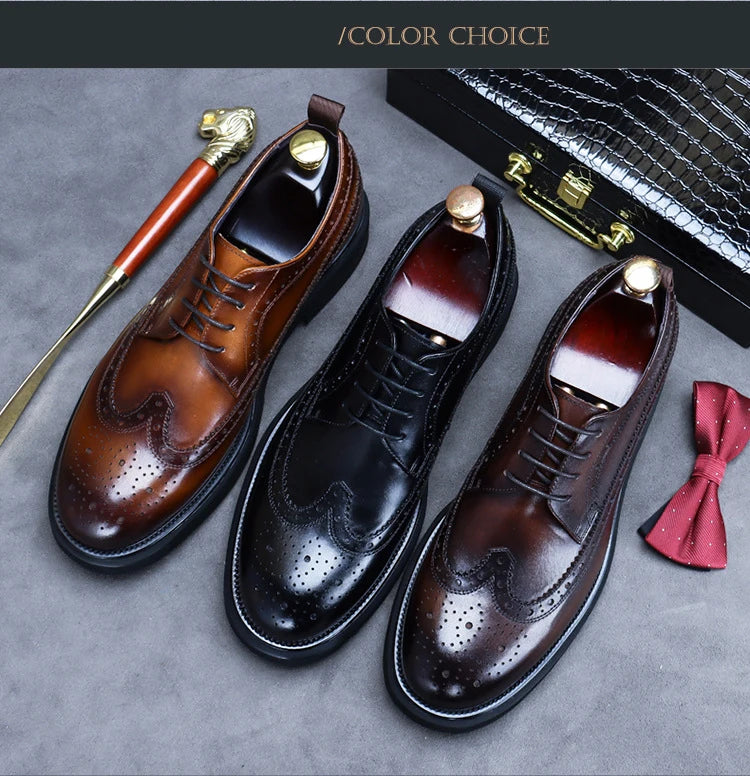 Premium Cowhide Leather Lace-Up Brogue Shoes for Men – Elegant Business & Casual Style